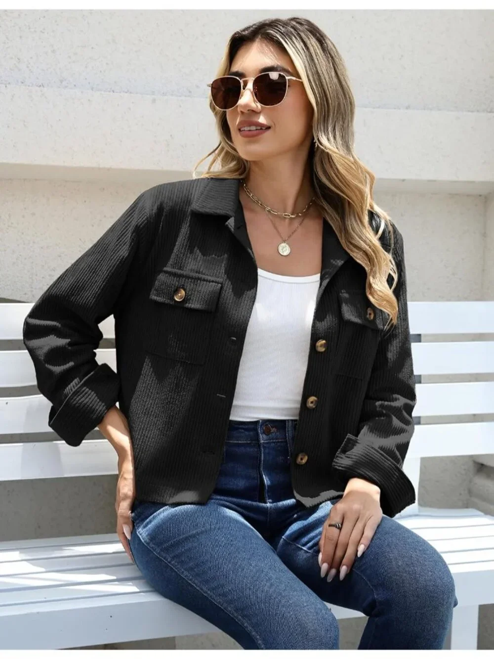 Women's Black Fashion Cropped Corduroy Button Down Long Sleeve Trendy Jacket